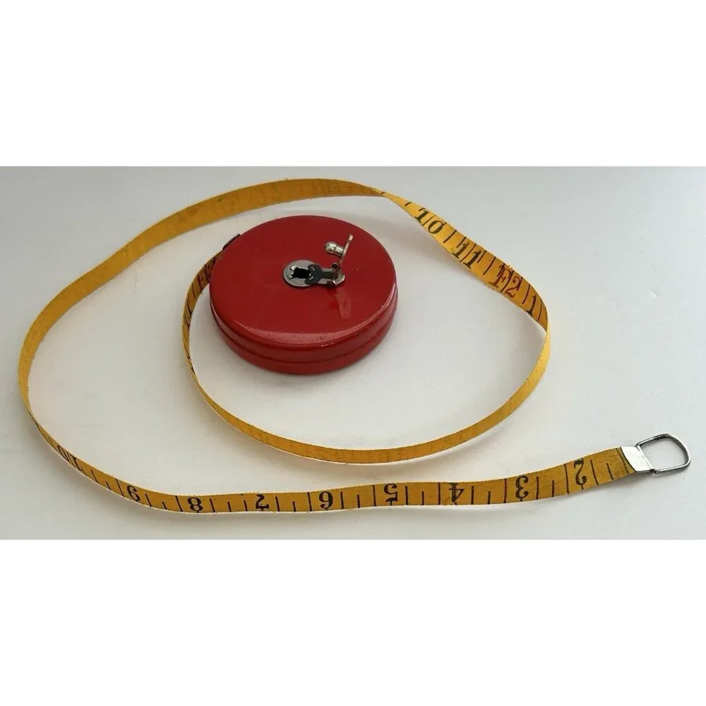 Vintage Red Walsco 50 Ft. Cloth Measuring Tape Milford CT USA Winding Mechanism - Picture 3 of 7